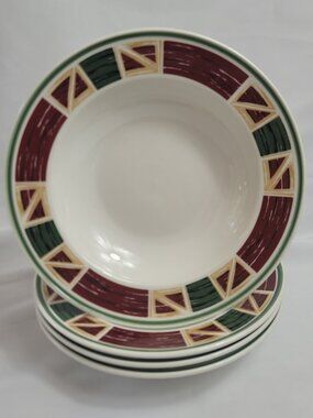 FOUR Tienshan Prairie Rim Soup Bowls Green Red Geometric Band 8 3/4 Inch